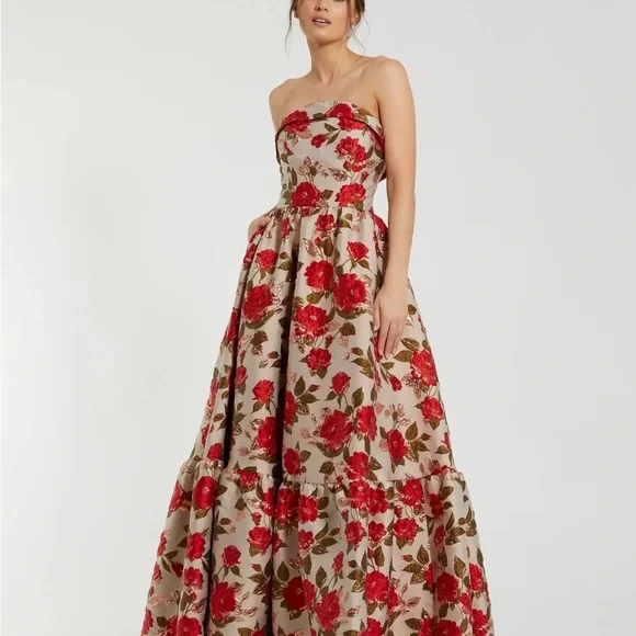 Multicolor Brocade Strapless Floral Gown With Ruffle Hem - Picture 1 of 7